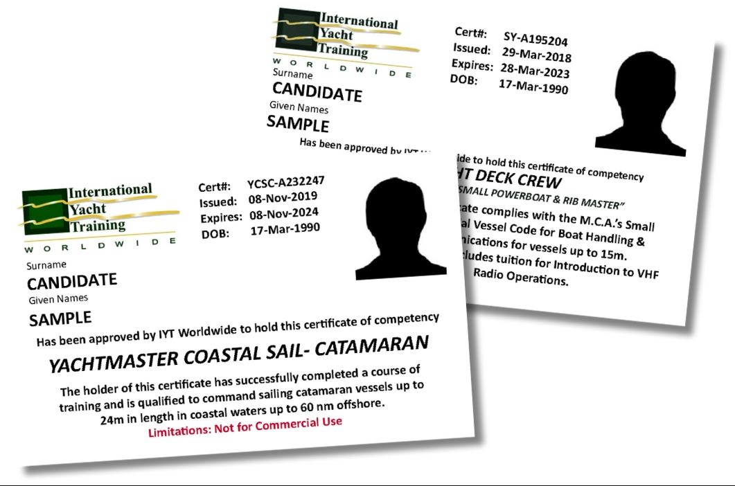 שתי תעודות IYT לדוגמה: Yachtmaster Coastal ו-Deck Crew