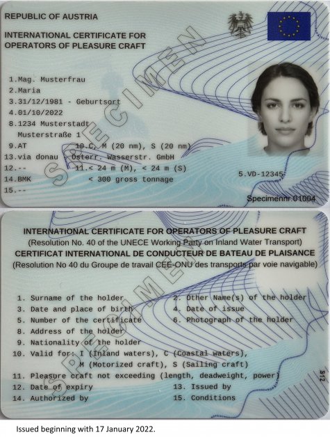 תעודת ICC אוסטרית לדוגמה, שני צדי הכרטיס