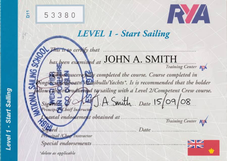 תעודת RYA Level 1 Start Sailing לדוגמה