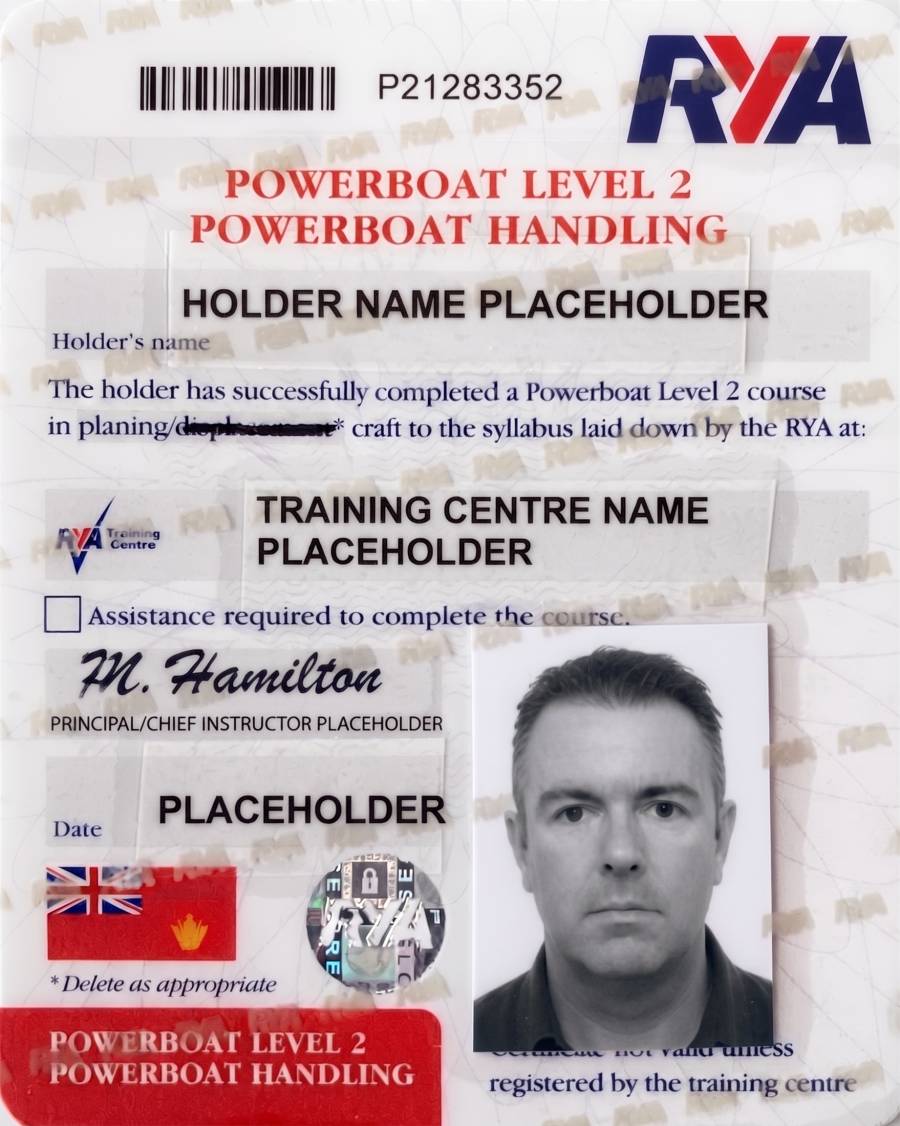 כרטיס RYA Powerboat Level 2 לדוגמה